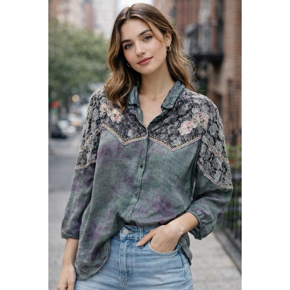 Vintage 90's Boho Blouse Silky Lace Embroidered Shoulder Pads Tie-dye Top